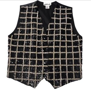 Vintage Creazioni Effeci Gold Black Checkered Sequins & Beaded Vest Size Medium